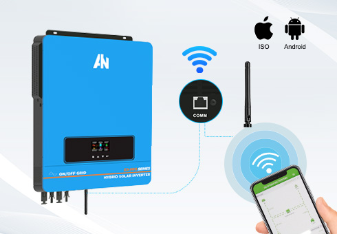 WIFI Función de monitoreo, usted puede comprobar el estado de funcionamiento del inversor híbrido para el sistema solar a través de APP en cualquier momento, y realizar la operación remota.